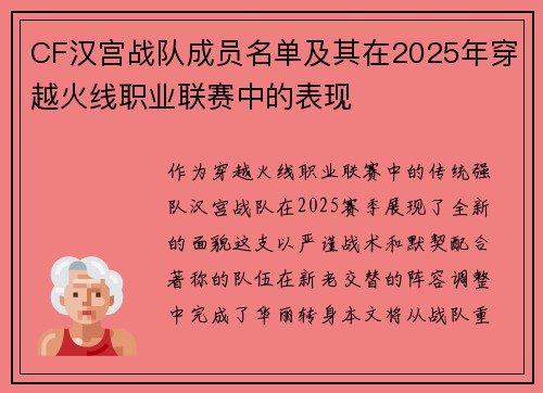 CF汉宫战队成员名单及其在2025年穿越火线职业联赛中的表现