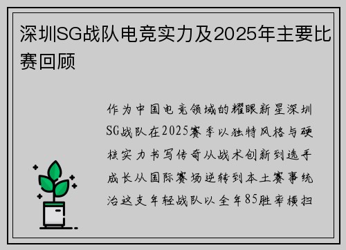 深圳SG战队电竞实力及2025年主要比赛回顾