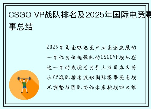 CSGO VP战队排名及2025年国际电竞赛事总结